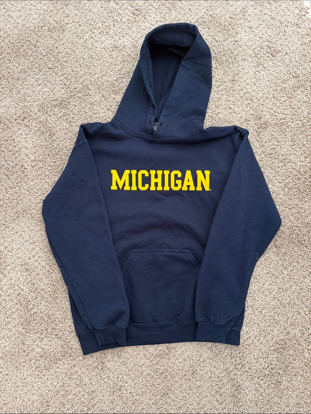 Gildan Navy Hoodie with Yellow MICHIGAN Logo